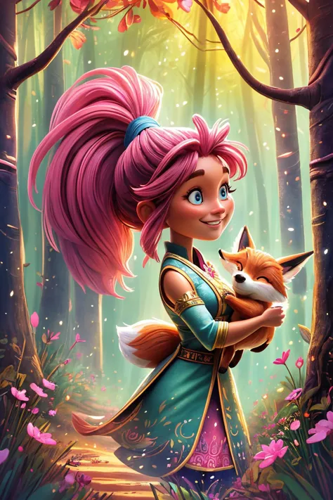 J_huiben, wide angle, beautiful woman walking through a mystical magical forest, talking to a mystical fox, spring, age 21, blue eyes, pink ponytail hair, cute smile, masterpiece, 4k, hdr, trending on artstation, extremely detailed, <lora:detail_slider_v4:1.5>,  <lora:J_huiben:0.7>