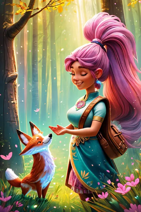 J_huiben, wide angle, beautiful woman walking through a mystical magical forest, talking to a mystical fox, spring, age 21, blue eyes, pink ponytail hair, cute smile, masterpiece, 4k, hdr, trending on artstation, extremely detailed, <lora:detail_slider_v4:1.5>,  <lora:J_huiben:0.7>