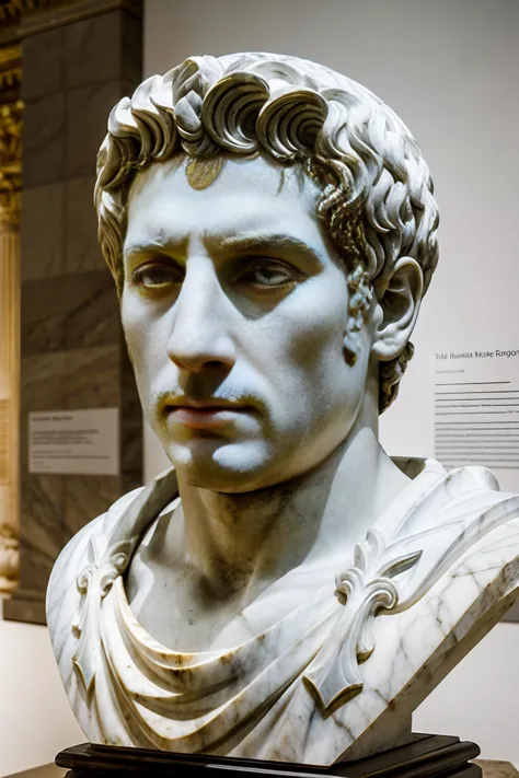 art museum exhibition, on a pedestal, marblesh, marble bust of LeoGiamani dressed in Roman armor, roman emperor toga, ((closeup portrait)) <lora:LeoGiamani:0.8>  <lora:marblesh:0.1>