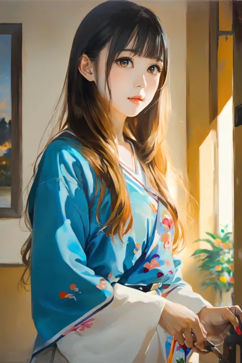 a close up of a woman in a blue kimono