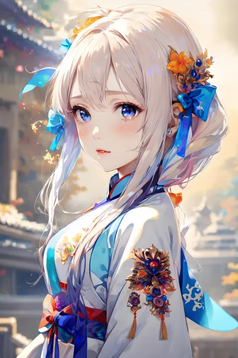 a woman with long white hair and blue eyes wearing a white kimono