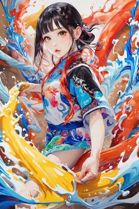 a painting of a woman in a colorful outfit riding a wave