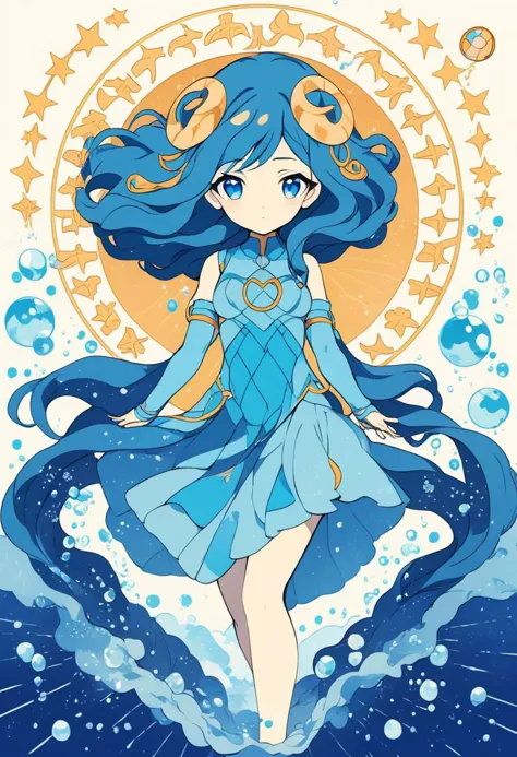 image capturing the spirit of the zodiac sign Aquarius in an anime girl rendition. Infuse the character with a sense of innovati...