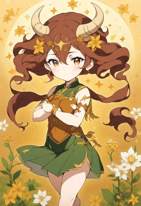 image that captures the essence of the zodiac sign Taurus in an anime girl rendition. Envision a character radiating strength, determination, and earthy sensuality. Utilize warm, grounding colors inspired by nature and incorporate subtle zodiac symbols such as the bull. Craft an anime girl with a confident yet serene demeanor, embodying the Taurus traits of reliability and appreciation for beauty. Create a visually appealing composition that seamlessly blends the anime style with the unique characteristics of Taurus