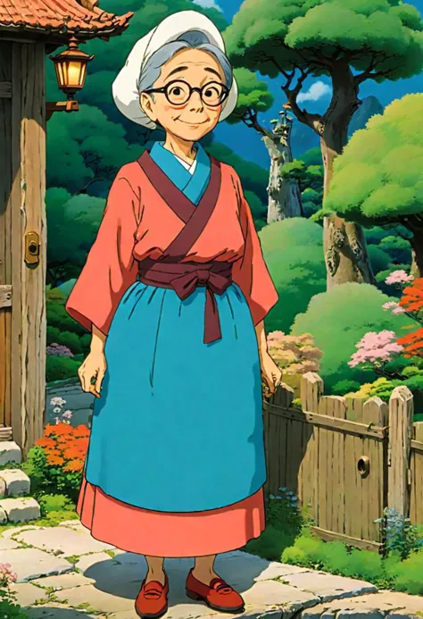 an old woman in a blue dress and glasses standing in front of a house