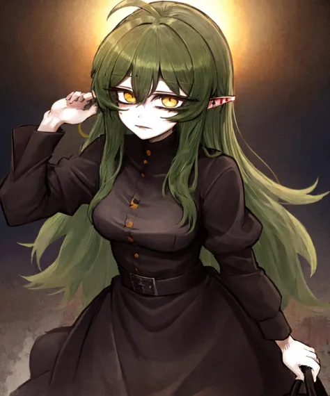 a close up of a person with long green hair and a dress