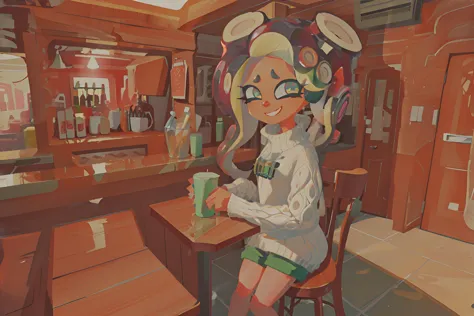 anime girl sitting at a table with a cup of coffee