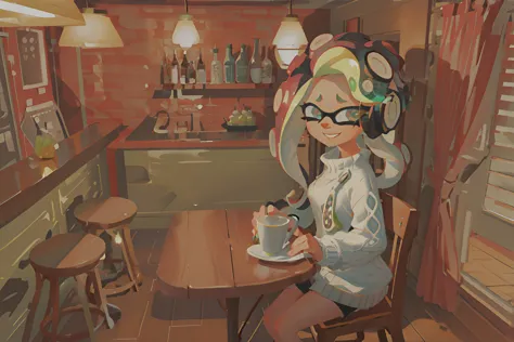 anime girl sitting at a table with a cup of coffee