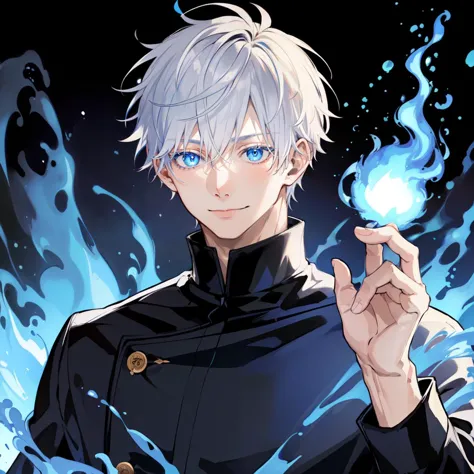 (masterpiece, top quality, best quality, official art, beautiful and aesthetic:1.2), 1boy, blue eyes, satoru gojo, white hair, s...