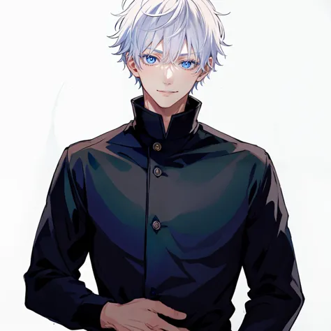 (masterpiece, top quality, best quality, official art, beautiful and aesthetic:1.2), 1boy, blue eyes, satoru gojo, white hair, short hair, hair between eyes,blue eyes,colored eyelashes, smile, (ultra detailed eyes), (black shirt, long sleeves),  <lora:satorugojo-10:0.75>, (solo), (popped collar)