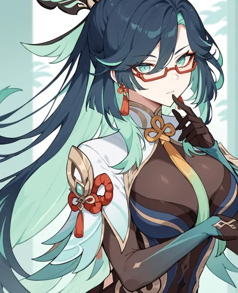 anime girl with blue hair and glasses holding a knife