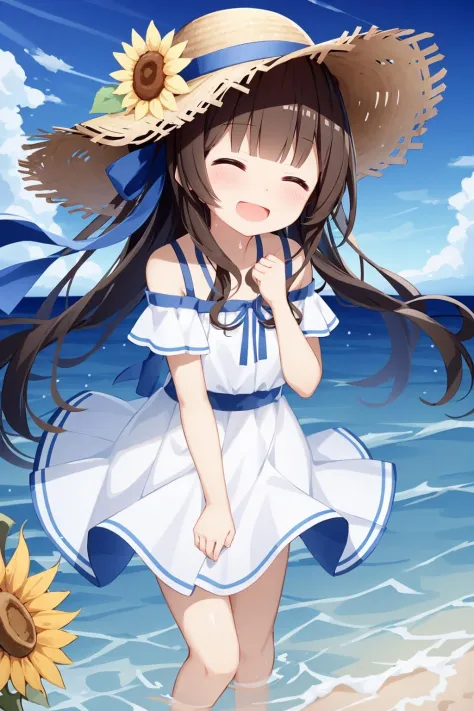 1girl, hat, dress, solo, long hair, closed eyes, flower, brown hair, straw hat, smile, skirt hold, open mouth, hat flower, wadin...
