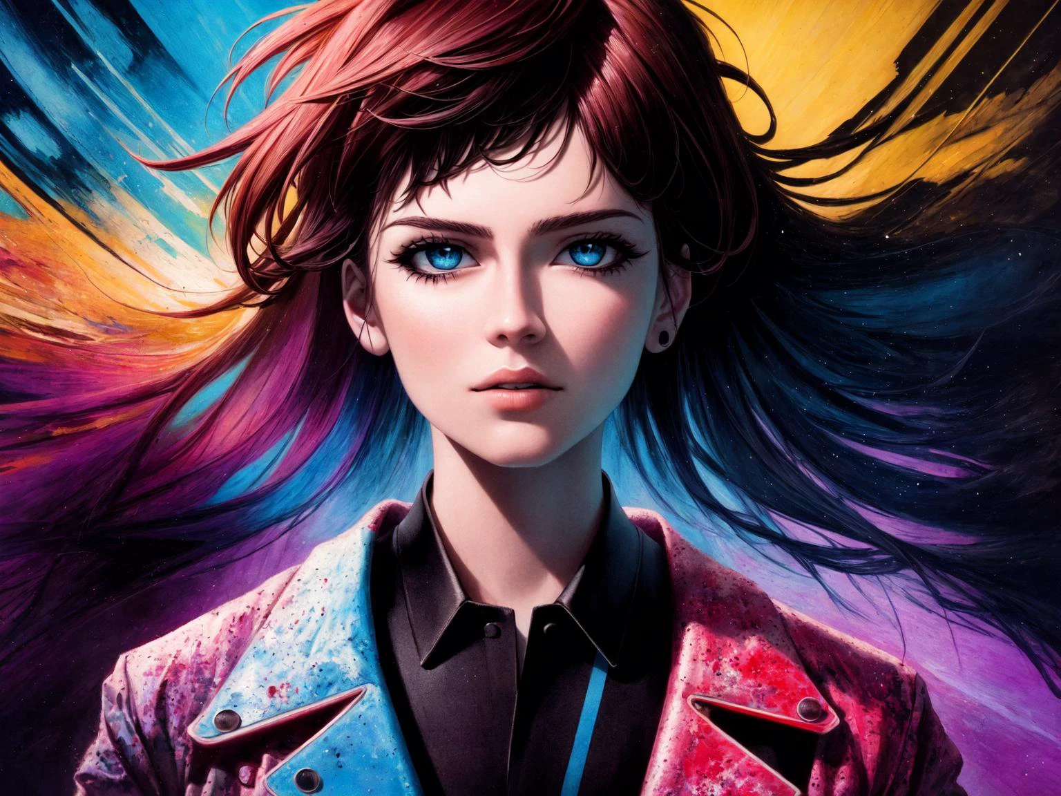((best quality)), ((masterpiece)), ((realistic)), synthwave, retro, woman, multicolored hair, punk, abstract, high resolution, detailed