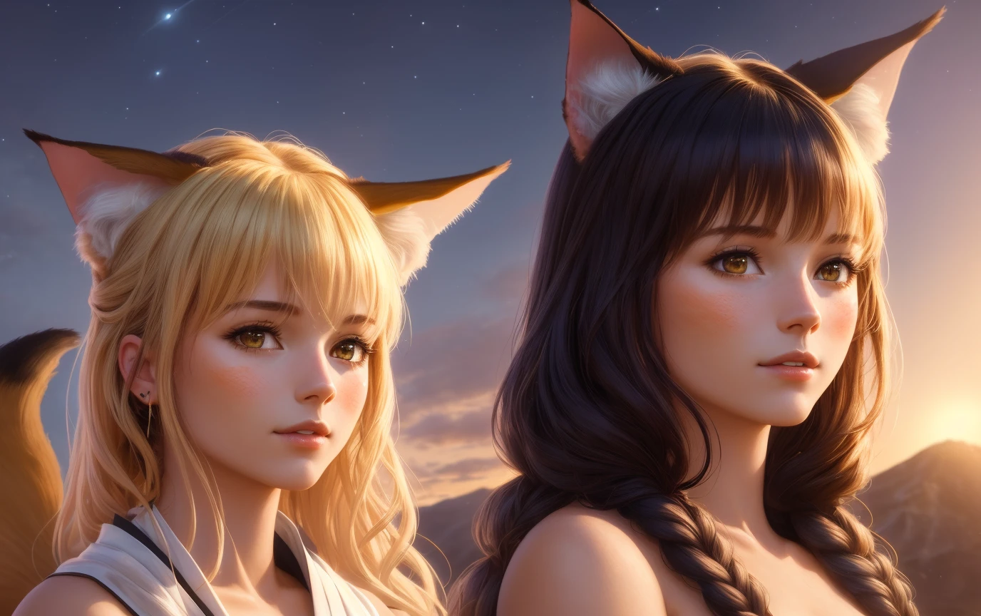 (((3 girls))), ((cat girl), (((portrait))), (((Kitsune))), (((cute girl))), fair skin, ((rag loincloth))), topless, open chest, ((small chestbreast)), ((big hips)), blush face, smile, indigo hair, side braid, (realistic photo:1.5), ((high resolution illustration)), ((extremely detailed)), ((masterpiece)), cinematic lighting, dramatic shadows, ((best quality)), high detail, (cinematic light:1.1), by Jeremy Lipking, by Greg Rutkowksi, (textured skin:1.4), detailed lighting, depth of field, perfect hands, realistic hands, extremely detailed hands, individual fingers, intricate fingers,  (detailed hair: 1.9), (detailed face and eyes:1.4), intricate hair, realistic colors, bright colors, (Style-NebMagic: 1.8), sun, sunset, stars, sky, horizon