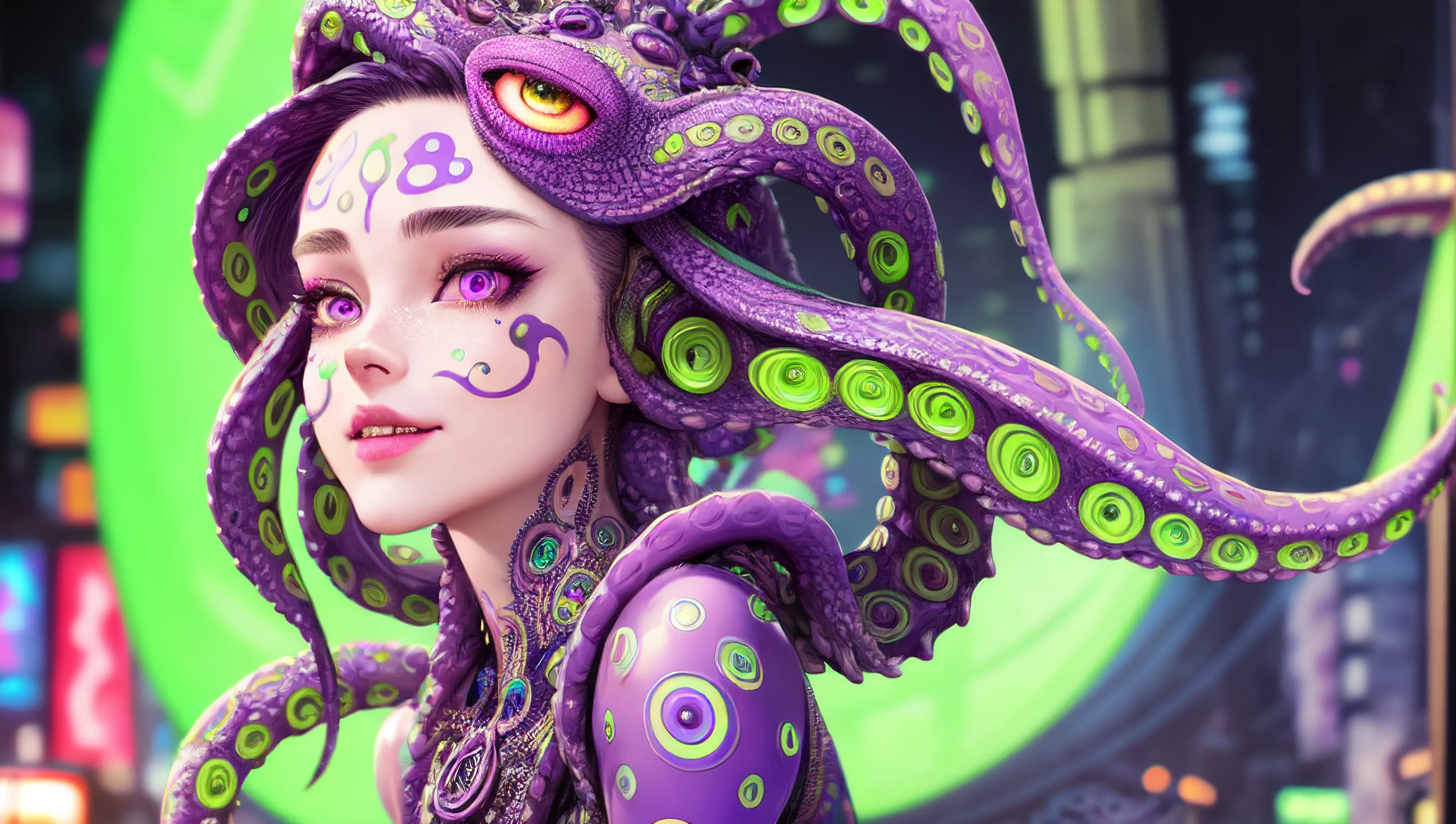 ((best quality)), ((masterpiece)), ((realistic)),  colorful intricate highly detailed octopus girl,metal tenticals, happy face,  glowing neon green and purple eyes,dripping green tenticals, neck surrounded by neon circle patterns,female face, , trending on artstation, sharp focus, studio photo, intricate details, highly detailed,  nsfw, detailed eyes, illustration, highly detailed, sharp focus, digital render, professional, 4k,