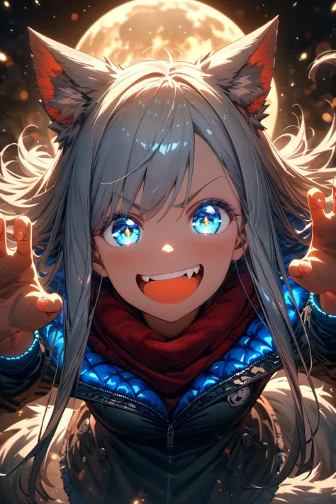 (Masterpiece:0.9), best quality, (illustration, official art:0.95), ultra detailed, solo, 1 girl, dynamic angle, detailed eyes, tsurime, silver long hair, (open mouth, fang:1.05), grin smile, wolf's ear, (bushy tail:0.8), perfect body, jacket, (cinematic lighting, lens flare), claw pose, absurd, [(white background:1.2)::0.2], (Full Moon wallpaper:1.2),  <lora:Anime Enhancer XL V2:1.2> <lora:sdxl2-flat2-512b:-1.05> <lora:cns2i2de878c73fo5mug:0.95>