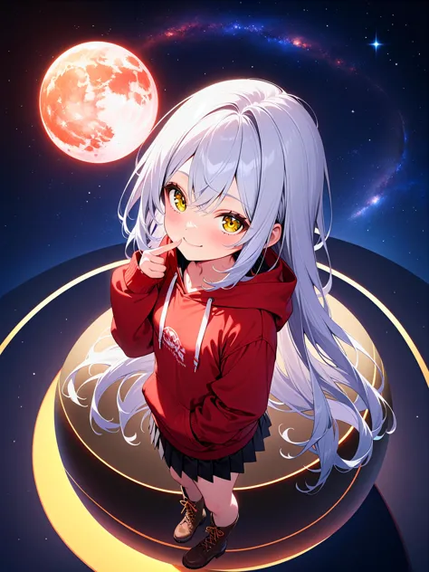 masterpiece, best quality, newest,
1girl, cute girl,
skinny, petite, 14 years old, small breasts, blonde eyes, yellow eyes, (silver hair:1.4), very long hair,
hoodie, red shirt , black skirt, pleated skirt, brown boots,
starry sky, star \(sky\), full moon, milky way,
from above, standing, finger to cheek, tilting
closed mouth, smile, doyagao, hand in pocket, blue moon, on the sphere,