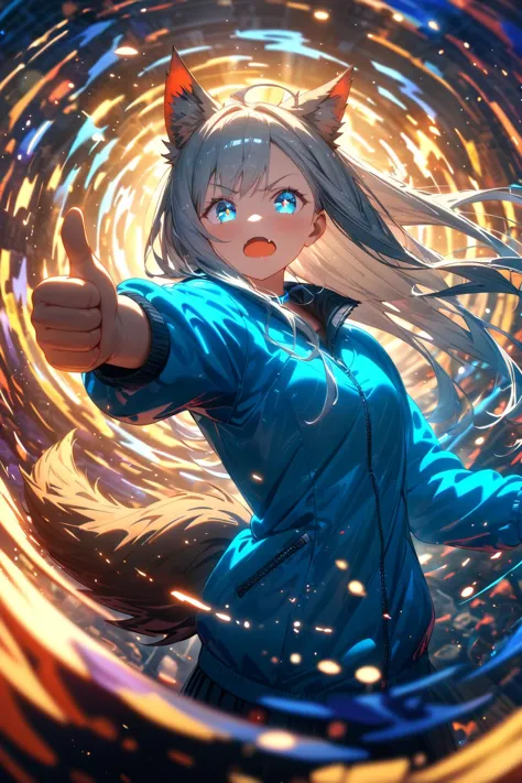 a woman with long hair and blue eyes is pointing at something