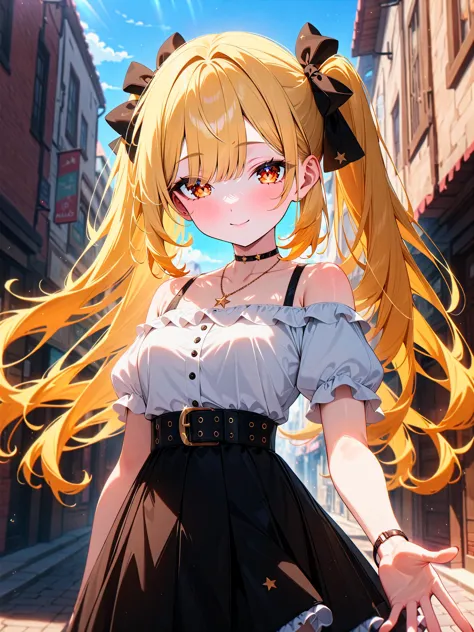 masterpiece, best quality, very aesthetic, absurdres, newest, 
1girl, cute girl, 
17 years old, medium breasts, brown eyes, orange eyes, slanted eyes, teenage,
pale yellow hair, blonde hair, twintails, long hair, eyebrows visible through hair,
white shirt, short sleeves, puffy sleeves, white frills, off shoulder, bare shoulders,
frilled skirt, hair bow, black bow, black skirt, belt, necklace, star \(symbol\),
smile, closed mouth,
street, town, day, blue sky, sun, sunlight, shopping,
reaching out,