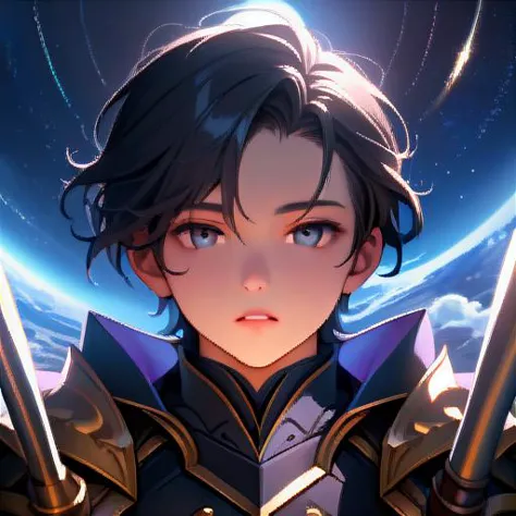 masterpiece, best quality, medium view UHD cinematic photo of boy, 14 years old, black hair, deep set eyes, full lips, short wavy hair, armor, staff, starry sky, full moon, milky way, fantasy world, magical atmosphere, sharp focus on subject, high detail, dark shadows