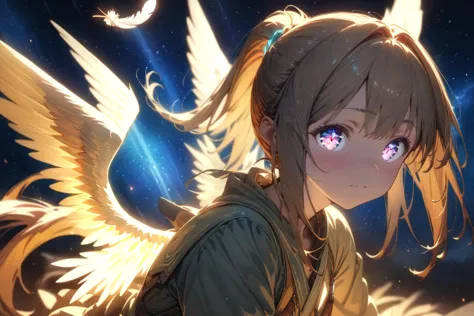 (Masterpiece:0.9), best quality, (illustration, official art:0.95), ultra detailed, solo, angel girl, , detailed eyes, DETAILED SKIN, ponytail hair, benevolent, pastel wing, feathers, (cinematic lighting, phototaxis), hyperrealism, absurd, [(white background:0.8)::0.1], (Celestial Background:1.25), <lora:anime enhancer V3 xl:1.25> <lora:cns2i2de878c73fo5mug:0.75> <lora:sdxl2-flat2-512b:-0.45>