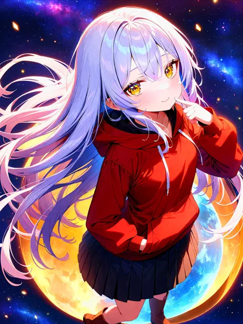 masterpiece, best quality, very aesthetic, absurdres, newest, 
1girl, cute girl, original, 
skinny, petite, small breasts, blonde eyes, yellow eyes, (silver hair:1.4), very long hair, hair between eyes,
hoodie, red shirt , black skirt, pleated skirt, brown boots,
starry sky, star \(sky\), full moon, milky way, blue moon, nebula, colorful starry sky, light particles,
from above, standing, finger to cheek, tilting,
closed mouth, smile, doyagao, (hand in pocket:1.1), hand in hoodie,  pocket, on the sphere,
<lora:FaceCheek_B_R_XL:1> <lora:FaceLight_B_R_XL:1> <lora:Jitome_B_XL:1>