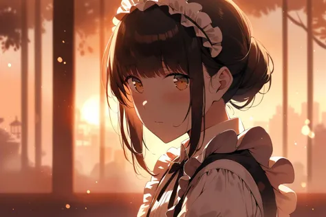 (Masterpiece:0.9), best quality, (illustration, incredibly absurdres:0.95), ultra detailed, solo, 1girl, Sepia color theme, classical maid, black hair, tsurime, beautiful eyes, cinematic shadows, sunset, (watercolor effect:1.4), [(indoors background:1.4)::0.2], (sepia background:1.4), <lora:artstyle:1>