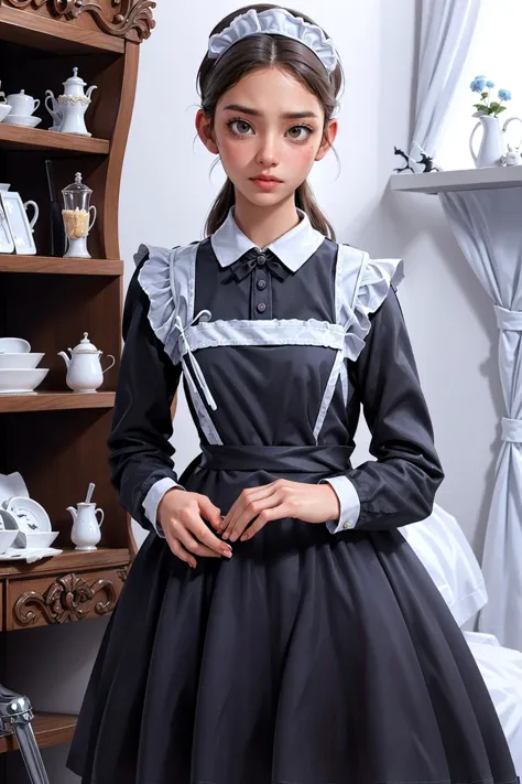 1girl, a woman in a maid's costume posing, maid, maid's dress, apron, brown eyes, cum, lips, long hair, maid, maid apron, maid h...