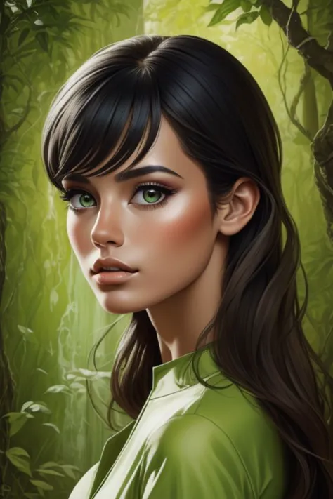 a woman with long hair and green eyes in a forest