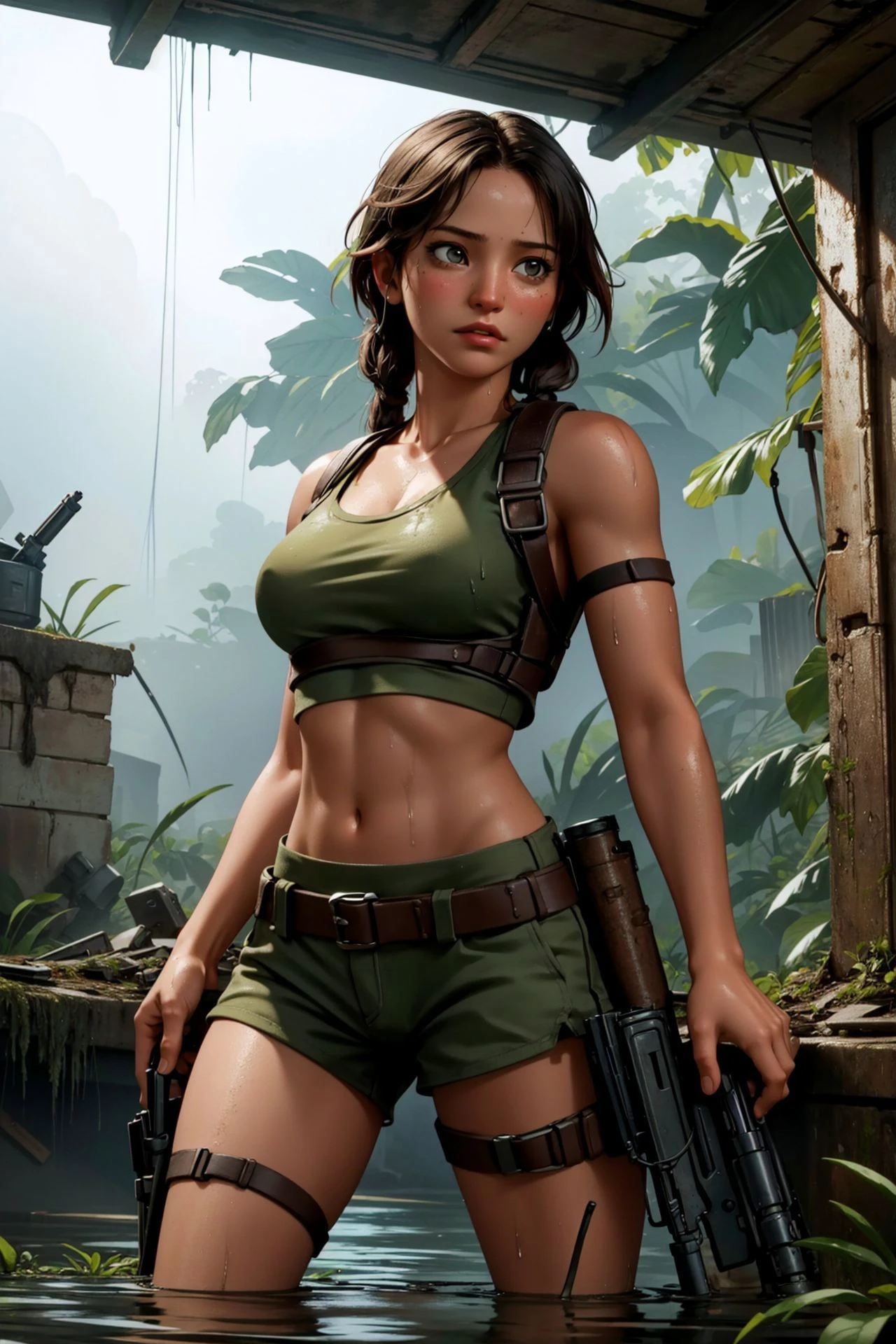 1 chica, Obra maestra, Lara Croft, ciudad en ruinas en la jungla, empapado, alta definiciónr, colores apagados, dramático, fondo complejo, cinematográfico, fílmico, hermoso, alta definición, sueño, ultra gran angular