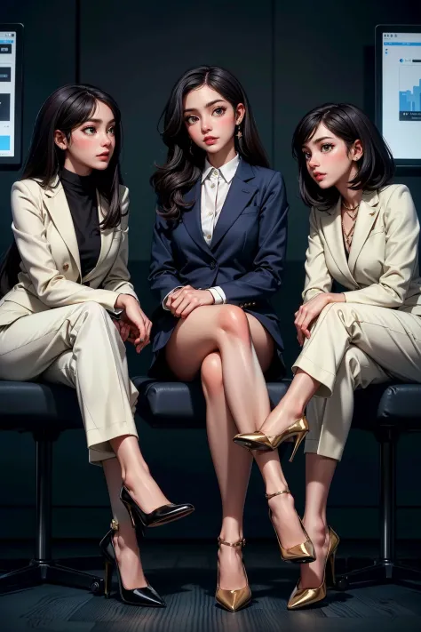3girls, masterpiece, high quality, 8k, high resolution, perfect art, (Three businesswomen in power suits and heels, sitting toge...