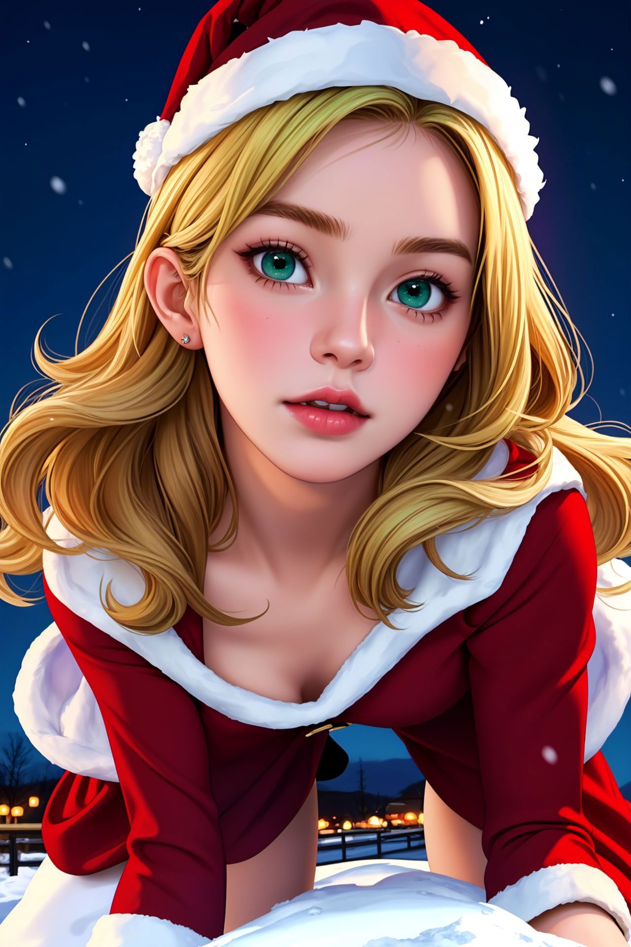 A girl in a santa outfit laying on the snow - SeaArt AI