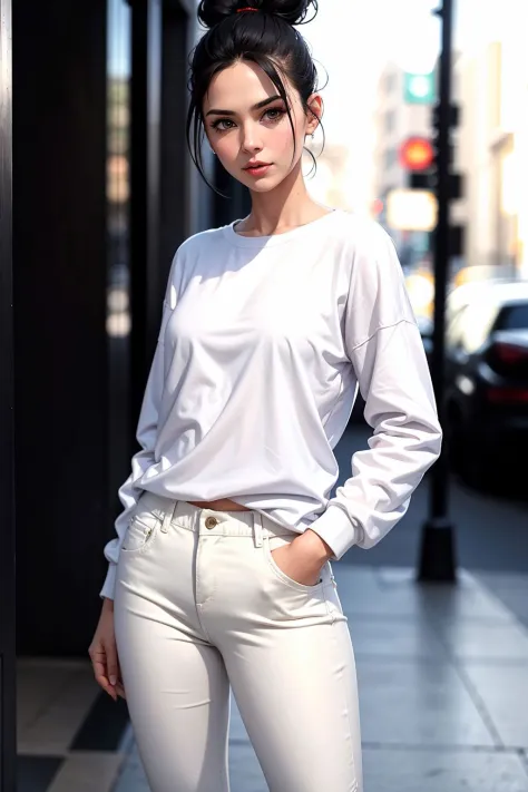 masterpiece, best quality,standing, black hair bun,cold face, full body,  jacket, white T-shirt, casual pants, (Fashionable clot...