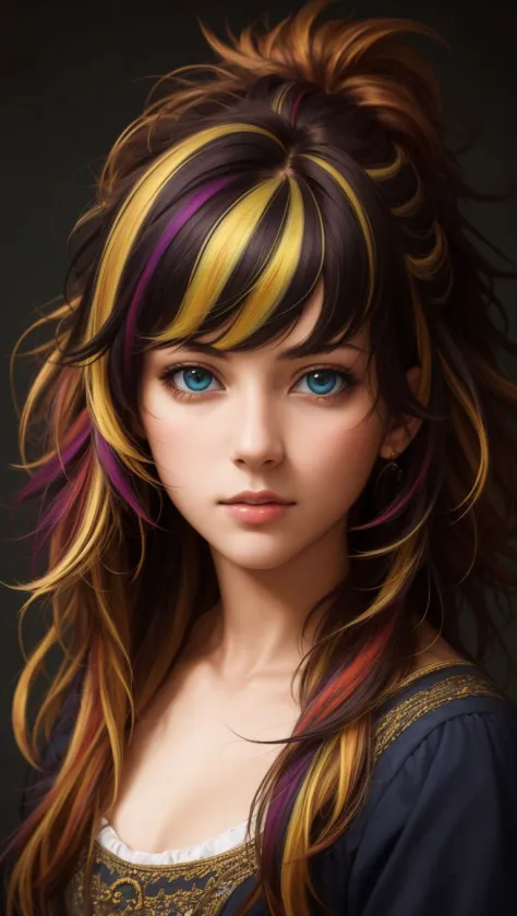 portrait, (masterpiece:1.1), (highest quality:1.1), (HDR:1.0), girl with really wild hair, multicolored hairlighting, (from fron...