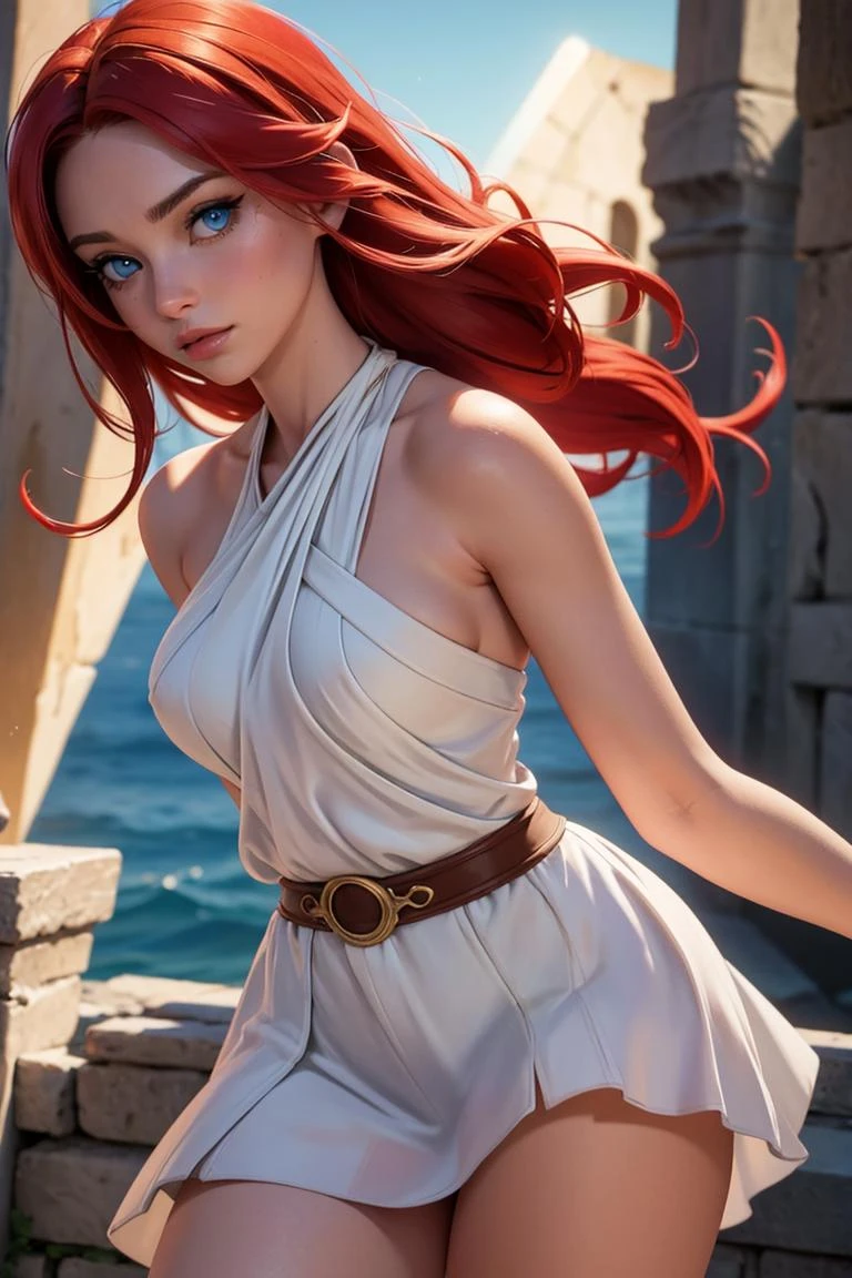 (masterpiece, best quality, hires, high resolution:1.2, 4k, 8k , high quality), extremely detailed, realistic, intricate details, highres, 1girl, solo, (large breasts, thick thighs, wide hips), arched back,(cinematic lighting, sunlight, perfect lighting, backlighting), eye-level shot, extreme close-up-shot, looking at viewer, red hair, blue eyes, 
ancient greek clothes