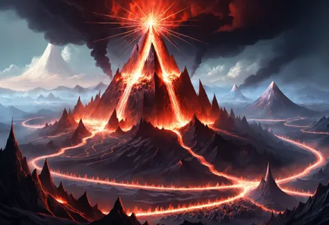 digital illustration, steelpunk mountain city, electrified, <lora:SilkArt:1>, fantasy partially buried crystal volcano made of s1lk4rt, prismatic, chromatic, obelisk, eruption, lava, burning buildings