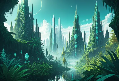 digital illustration, solarpunk jungle city, <lora:SilkArt:1>, fantasy partially buried crystals made of s1lk4rt, prismatic, chromatic, obelisk