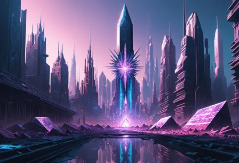 a futuristic city with a giant star in the middle of it