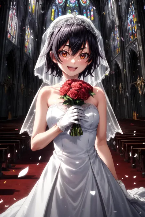 anime bride in a wedding dress holding a bouquet of flowers