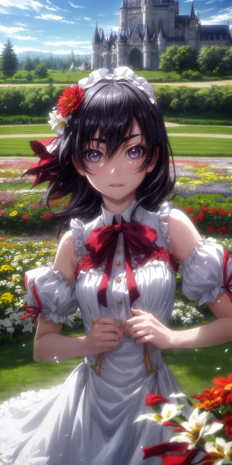 anime girl in a white dress with a red bow and flowers