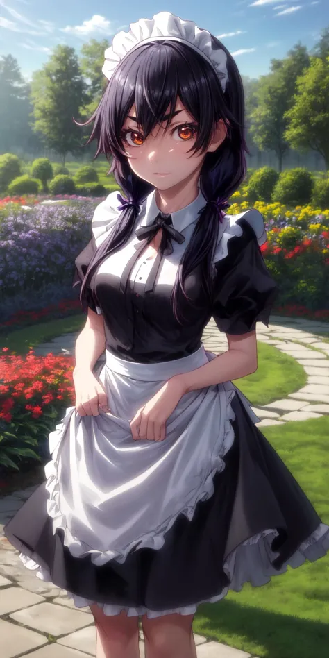 anime maid in a garden with flowers and a stone path