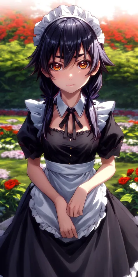 a woman in a maid outfit standing in a field of flowers