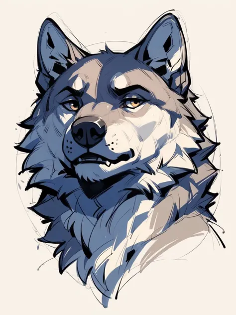 a drawing of a wolf with a blue eyes and a white face