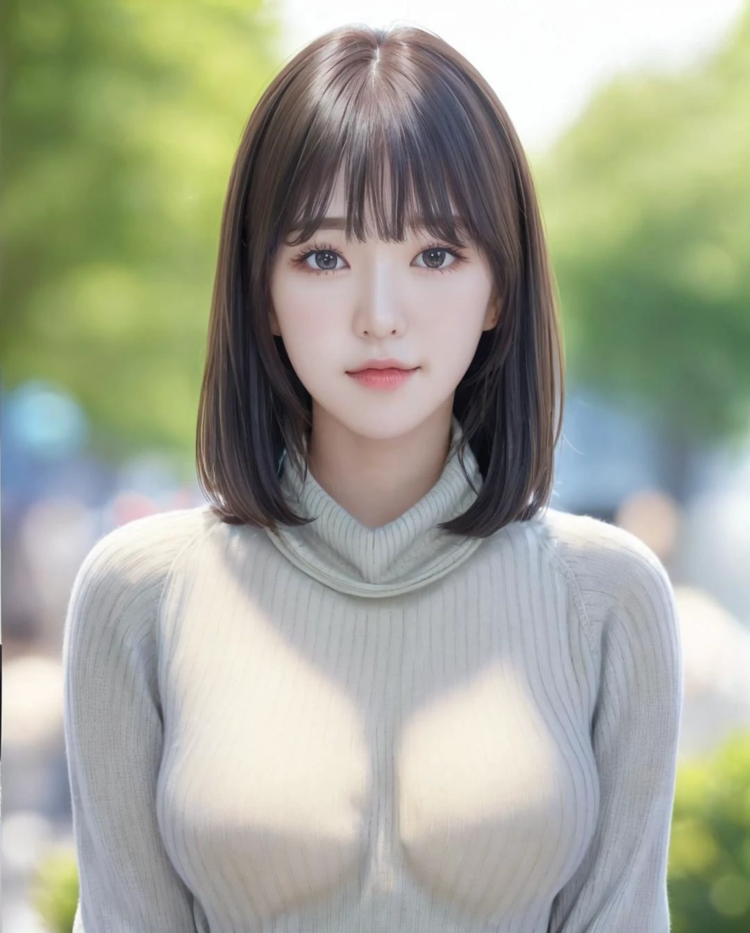 pureerosface_v1:0.3, best quality, photorealistic, 8k, high res, full color, 1girl, woman, 20 years old woman, (closed mouth:1.43), (skindentation), (portrait:0.6), trees, park bench, daylight, ((park background:1.52)), full color, ((necksweater:1.68)), looking at viewer:1.8, (1girl eyes looking at viewer:1.55), (medium-length hair, brownhair, partedbangs:1.45), (bokeh), 