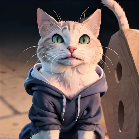 there is a white cat wearing a blue hoodie sitting on a chair