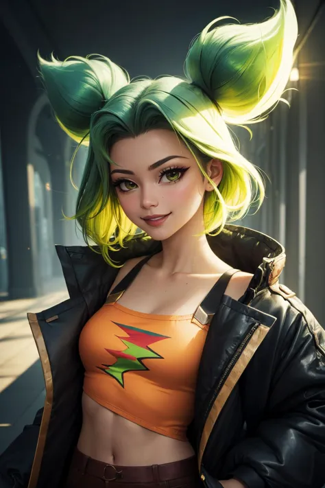 a woman with green hair and a jacket posing for a picture