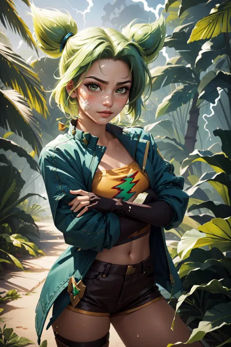 a woman with green hair and a green top standing in a jungle