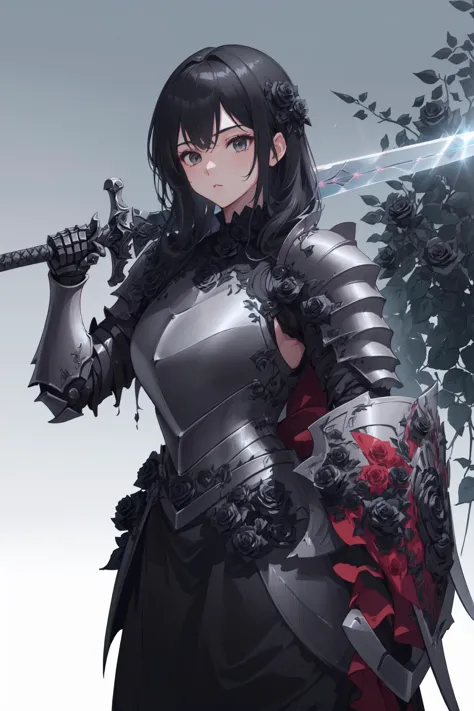 a woman in armor holding a sword and a rose