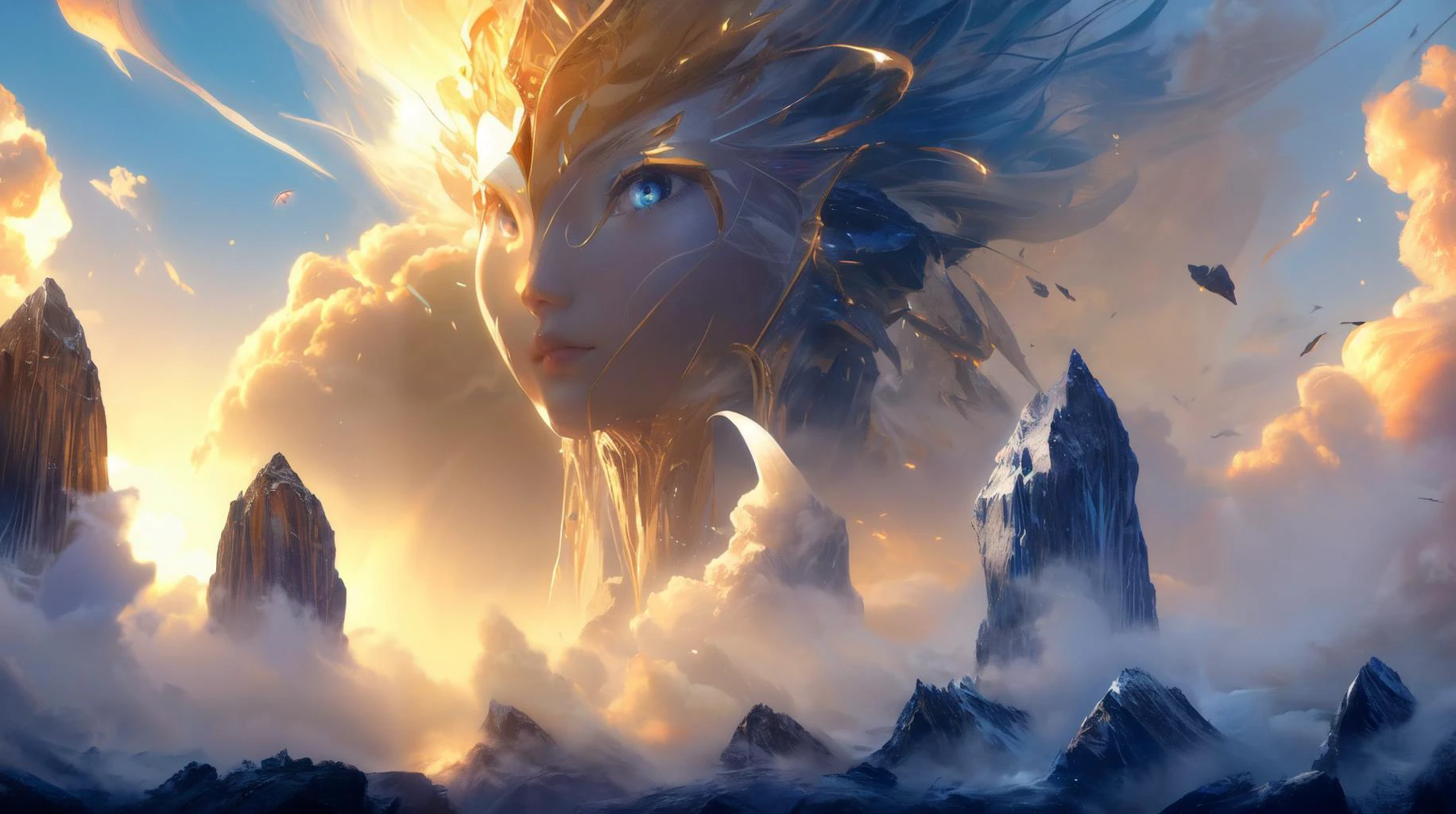 (masterpiece, best quality, fullscreen), [(full body:0.9)::0.3] portrait (photo of a [cloud,wind] [magical being:creature:0.4]:1.3), intricate iris, (two Large eyes:1.3), (Scaled:0.9), (Fairy Wings:1.2), (very long white hair:[1.2:0.1:0.2]), {5::(Spider body shape:1.1), (Shark head:0.9), (one huge Tentacles:1)|(human form with Rhinoceros Horns:0.9), (l2cloakV2:1.1), DonMW15p, (strong wind visible through ink cloud Turbulence :1.2), (background representing Glacier and Icefall:1.3), (Cerulean Blue Golden Hour Light:1.2), simple smoke, (embedding:VIEW_Style-BlurFore), (look at the viewer:0.9), , kkw-HDR, (Full body Shot, Shallow Focus Shot, Low Angle Shot:[1.2:0.5:0.1]), heavily detailed, , (asymmetric composition:1.5), (sharp focus), fakemtg, (no humans), intricate, elegant, highly detailed, digital painting, artstation, concept art, smooth, sharp focus, epic landscape,PHOTOS