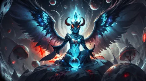 a demonic angel with blue wings and glowing eyes